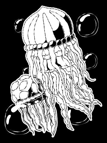 Hand-drawn black and white beautiful glowing illustration - Glowing jellyfishes in the ocean.