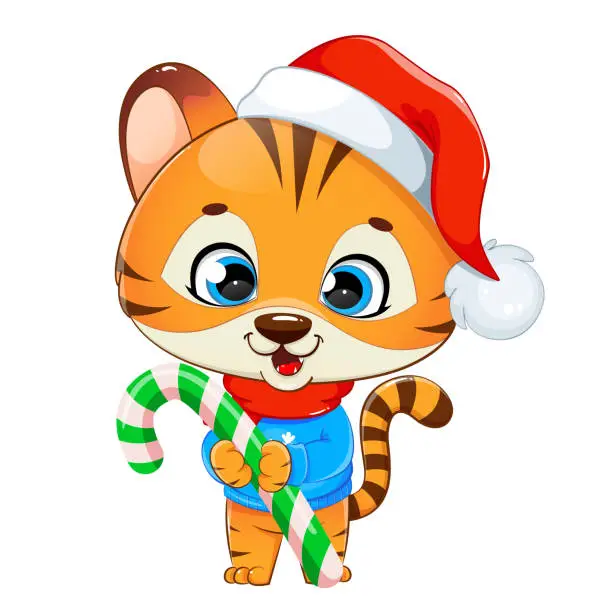 Vector illustration of Cute tiger cub in Santa hat holding big candy cane