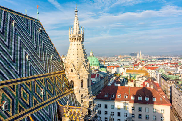 Vienna cityscape seen from top of St. Stephen's cathedral, Austria Vienna cityscape seen from top of St. Stephen's cathedral, Austria st. stephens cathedral vienna photos stock pictures, royalty-free photos & images
