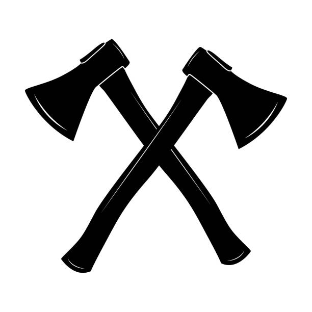Crossed axes isolated on white background. Black hatchet silhouette. Lumberjack ax icon, symbol or logo. Two camping axes with wooden handles. Cartoon flat simple style sign. Stock vector illustration silhouette of firefighter logo stock illustrations