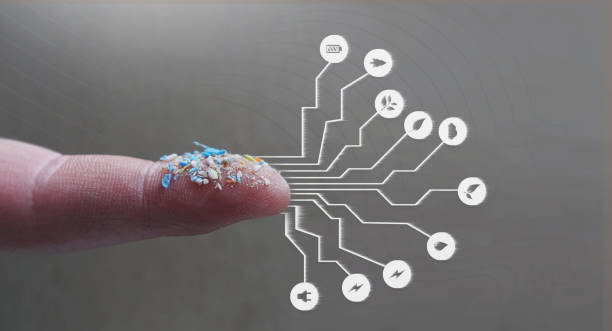 Infographic of microplastics on a human finger. Creative concept cf water pollution and global warming.