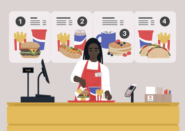 A fast-food restaurant female African worker behind the register counter serving an order on a tray A fast-food restaurant female African worker behind the register counter serving an order on a tray fast food stock illustrations