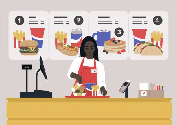 Vector illustration of A fast-food restaurant female African worker behind the register counter serving an order on a tray
