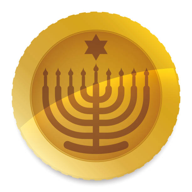 Golden Hanukkah gelt decorated with hanukkiah and David's Star silhouettes Hanukkah gelt -chocolate coin wrapped in golden foil- decorated with hanukkiah and David's Star silhouette over white background. chocolate gelt stock illustrations
