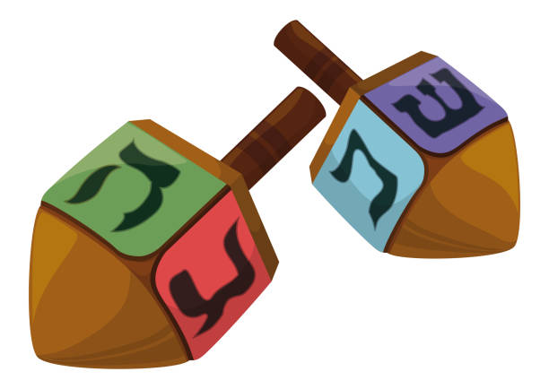 illustrations, cliparts, dessins animés et icônes de couple de dreidels avec des lettres hébraïques traditionnelles pour les jeux de hanoukka - alphabet text wood white background