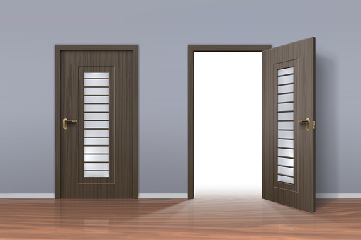 Realistic opened and closed doors in office or home hallway interior. Light inside doorway. Wooden room entrance. Opportunity vector concept. Welcoming or invitation to enter apartment