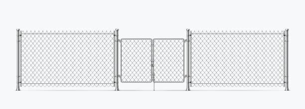 istock Realistic steel wire fence with gates and metal columns. Barrier chain link mesh with door. 3d prison or military wire border vector element 1353686390