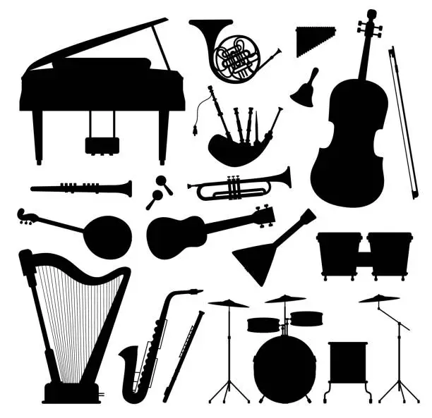 Vector illustration of Silhouettes of classical music orchestra, jazz and folk instruments. Piano, guitar, horn, cello and saxophone. Musical black icon vector set