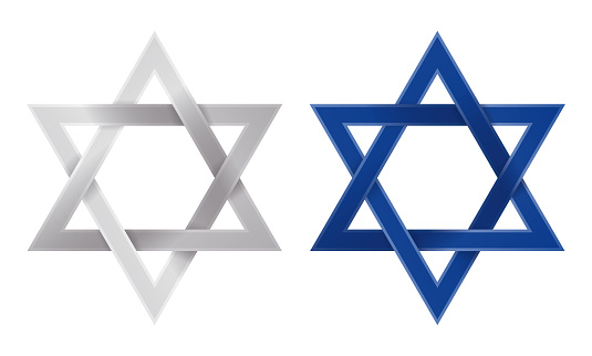 Two Stars of David in silver and blue colors, isolated over white background.