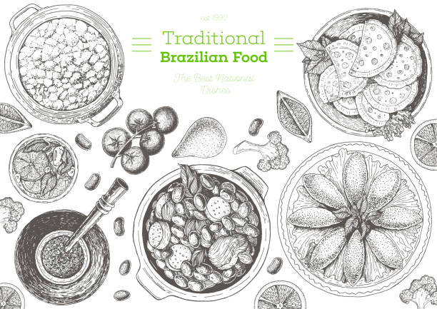 ilustraciones, imágenes clip art, dibujos animados e iconos de stock de cocina brasileña marco de vista superior. diseño de menú de comida brasileña con feijoada, choza brasileña, pastelería de carne, farofa y mate. ilustración vectorial de bocetos vintage dibujados a mano. - shrimp cocktail