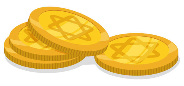 Golden coins decorated with Star of David in cartoon style Pile of golden coins decorated with Star of David in cartoon style, over white background. chocolate gelt stock illustrations
