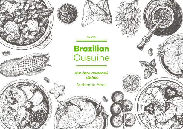 Vector illustration of Brazilian cuisine top view frame. Brazilian food menu design with feijoada, acai, meat pastry, moqueca de peixe and mate tea. Vintage hand drawn sketch vector illustration.