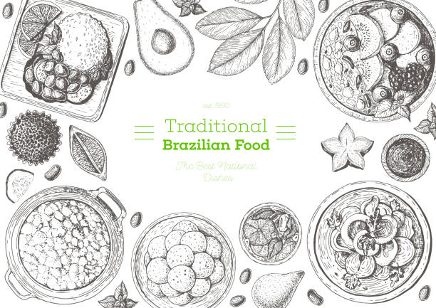 ilustraciones, imágenes clip art, dibujos animados e iconos de stock de cocina brasileña marco de vista superior. diseño de menú de comida brasileña con acai, feijoada, moqueca, farofa, pao de queijo. ilustración vectorial de bocetos vintage dibujados a mano. - shrimp cocktail