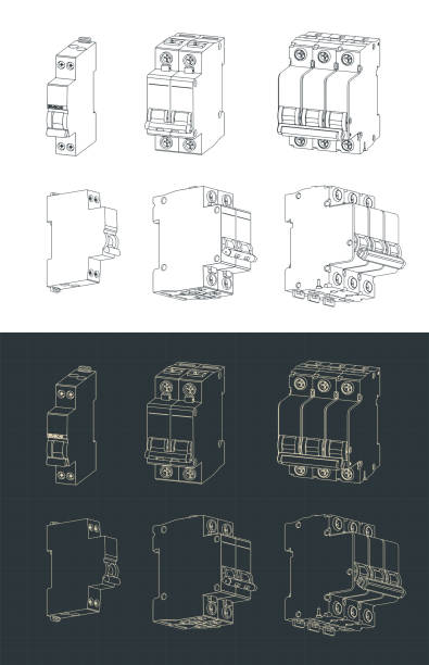 Circuit breakers blueprints Stylized vector illustration of blueprints of circuit breakers set electrical fuse drawing stock illustrations