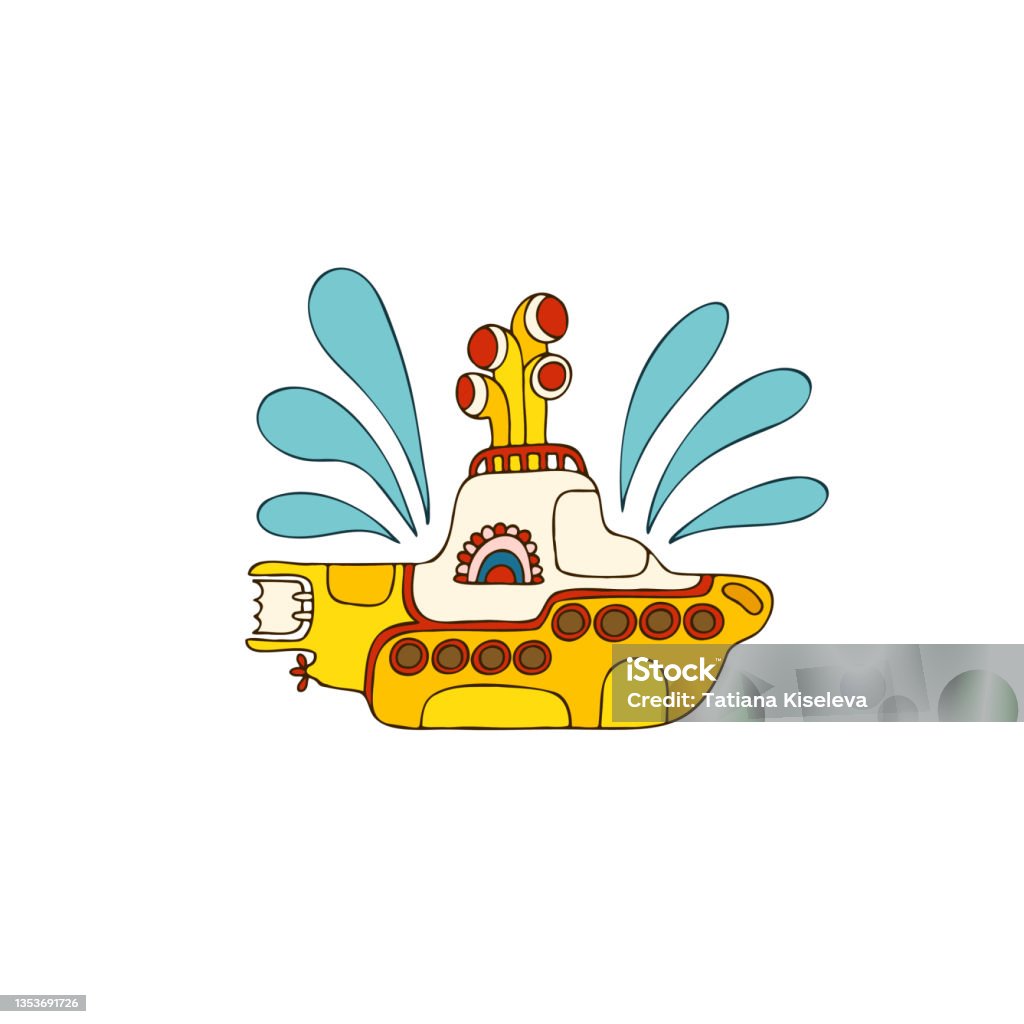 Yellow submarine in doodle style. Hand drawn logo. White background. - Royalty-free Submarino - Veículo Aquático arte vetorial
