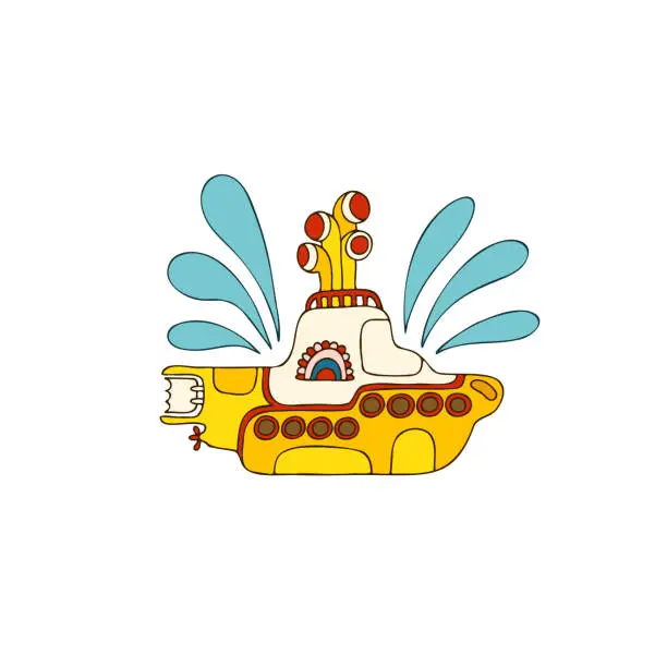 Vector illustration of Yellow submarine in doodle style. Hand drawn logo. White background.