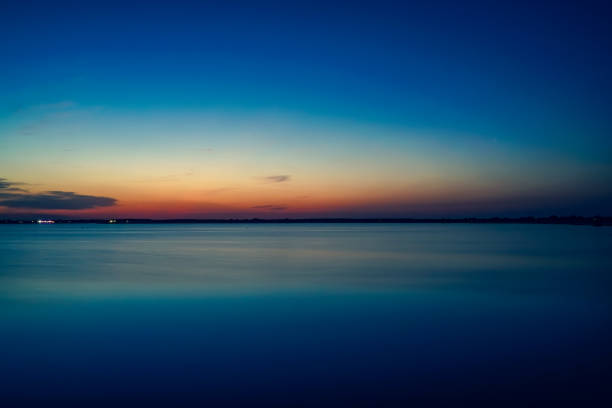 View of a large lake with set sun.