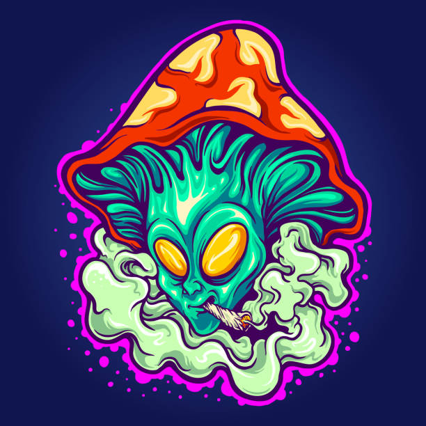 alien head fungus weed smoking ilustracje wektorowe - psychedelic smoke colors green stock illustrations