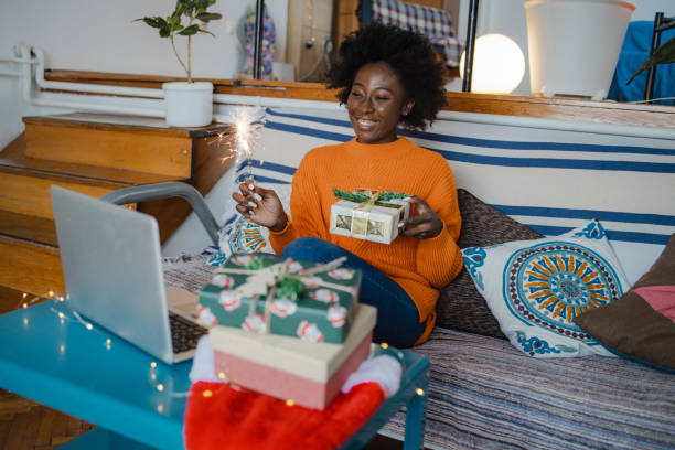 istock Online Christmas celebration with family on video call 1353697687