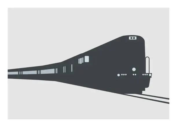 Vector illustration of Long hood locomotive pulling passenger train silhouette. Simple flat illustration.