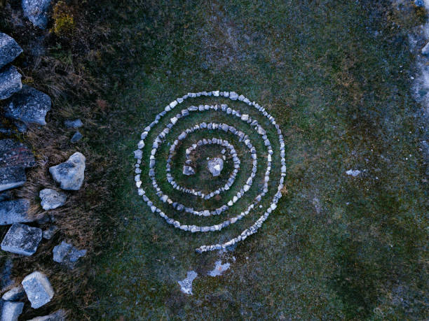 istock Spiral labyrinth made of stones, top view from drone 1353700291