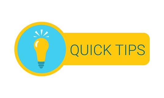 Quick tips. Useful tricks, tooltips, useful information for websites, social media posts. Yellow sticker with a burning light bulb and the inscription in blue letters. Vector icon in flat style.