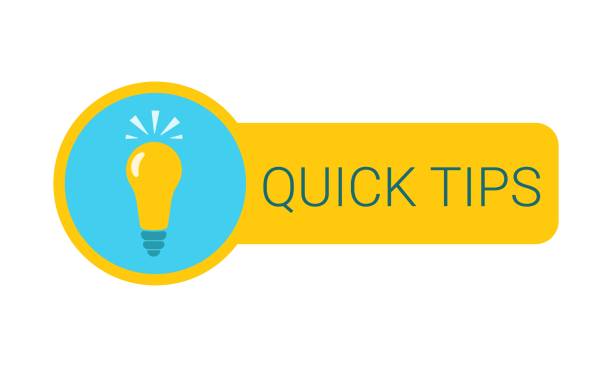 Art & Illustration Quick tips. Useful tricks, tooltips, useful information for websites, social media posts. Yellow sticker with a burning light bulb and the inscription in blue letters. Vector icon in flat style. tips tricks stock illustrations