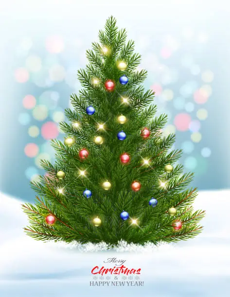 Vector illustration of Holiday background with  Christmas tree with garland. Vector.