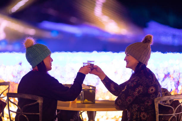 istock Two ladies sit  down to enjoy a drink together with romantic lights behind 1353703044
