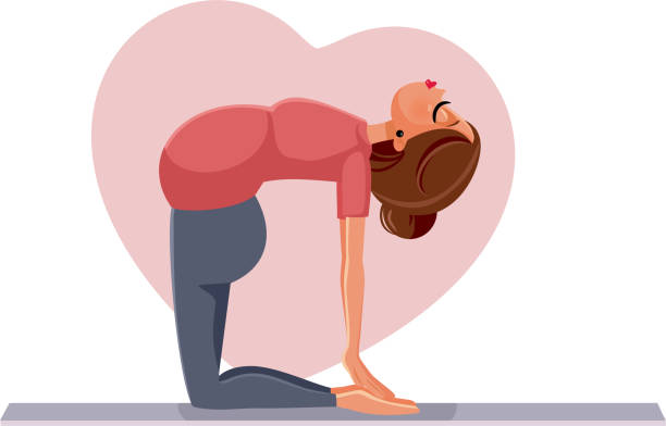 Pregnant Woman in Camel Yoga Pose Vector Cartoon Girl exercising practicing stretching for flexibility during her pregnancy ustrasana stock illustrations