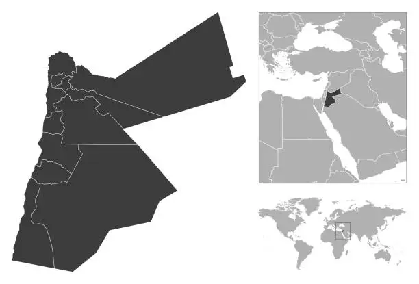 Vector illustration of Jordan - detailed country outline and location on world map.