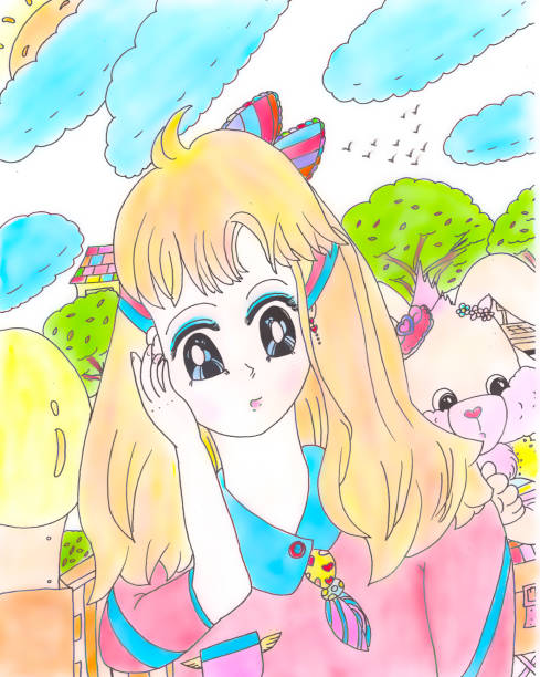  Ilustración de Brillante Dulce Chica De Anime De Pelo Largo Con Conejo De Dibujos Animados Sorprendida Ilustración A Color Para Niños   y más Vectores Libres de Derechos de