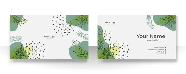 Vector illustration of Business card design with nude tan champagne soft pastel brown organic elegant pattern. Modern concept with liquid, blob, brush, floral, leaves, line, beauty decoration art. Vector illustration