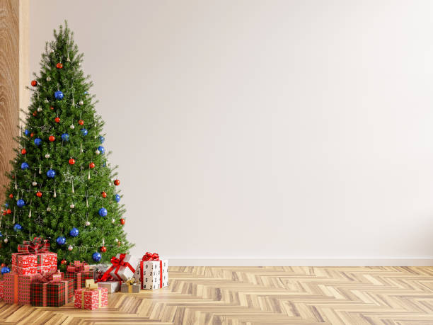 istock Christmas tree in living room on empty light white wall. 1353716935
