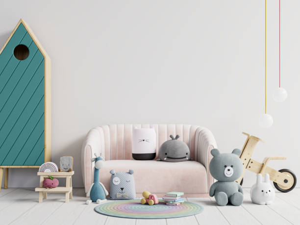 istock Mock up wall children's room in scandinavian style with white wall background. 1353716947