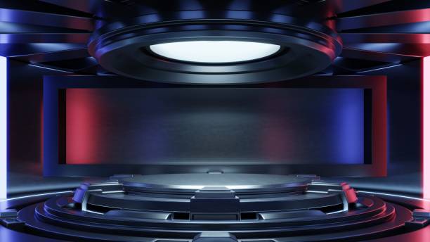 istock Futuristic sci fi empty podium in red blue studio room futuristic interior. 1353716958