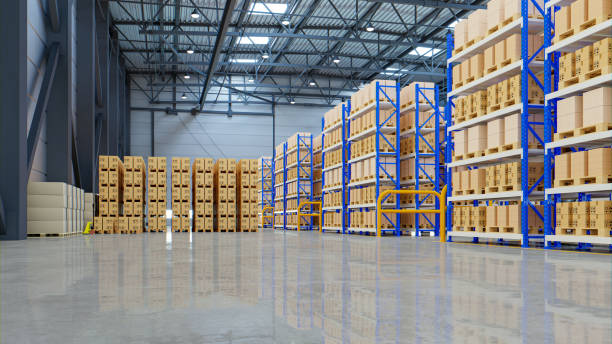 istock Interior of warehouse in logistic center. 1353716981