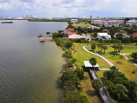 Aerial view of Banana River and cruise port in Cape Canaveral on a beautiful summer day