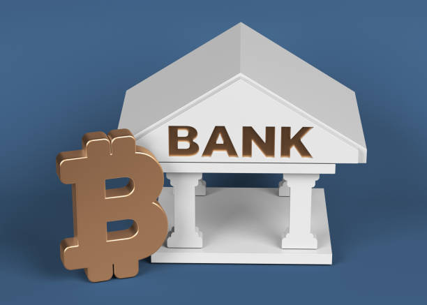 istock Gold-colored Bitcoin symbol and white-colored bank icon. 1353722046