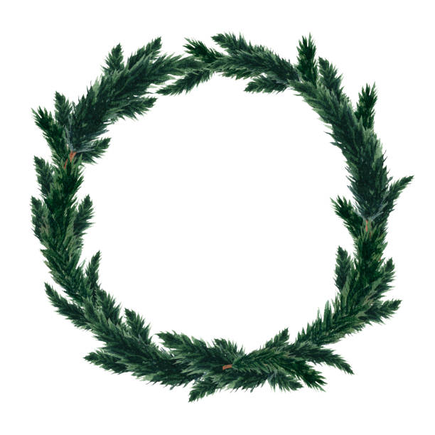 istock Cute Christmas  watercolor wreath. New Year decorative elements. Circle frame. Green spruce branch. Cartoon style of illustration. Art for invitation cards or Chrismas prints. Green pine garland. 1353722760