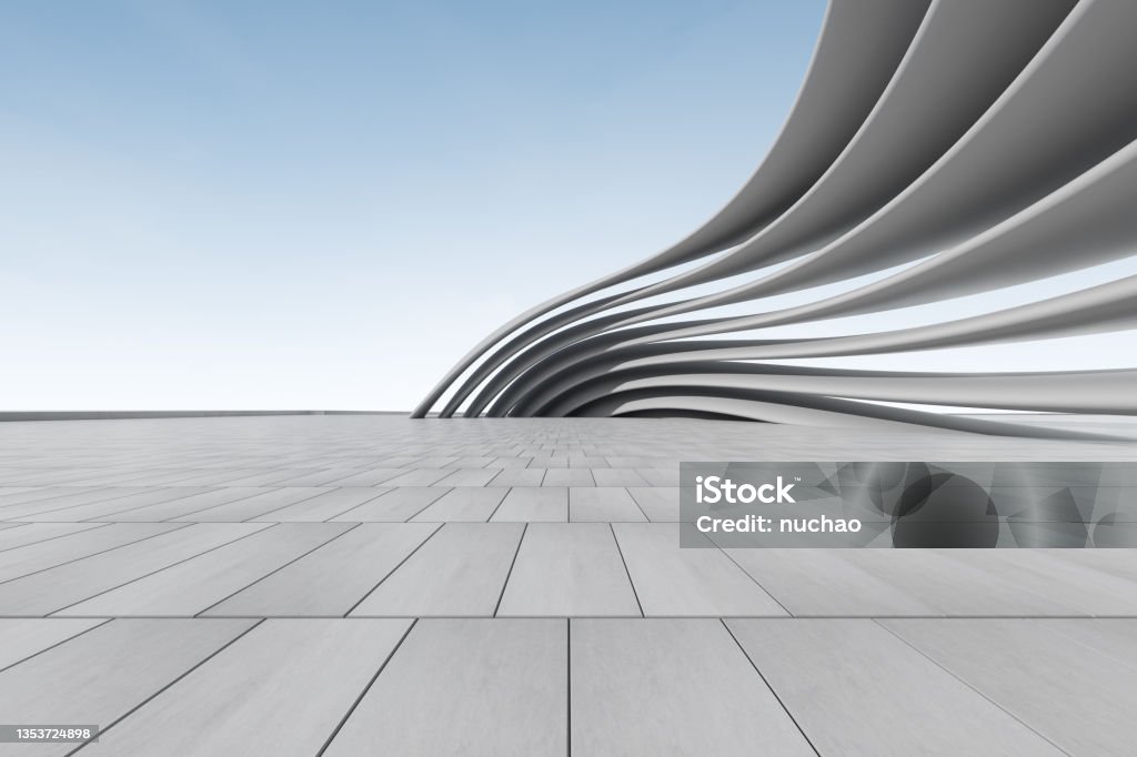 3d render of futuristic architecture background with empty concrete floor, car presentation. Architecture Stock Photo