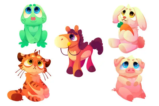 Vector illustration of Plush toys, funny soft frog, horse, tiger, bunny