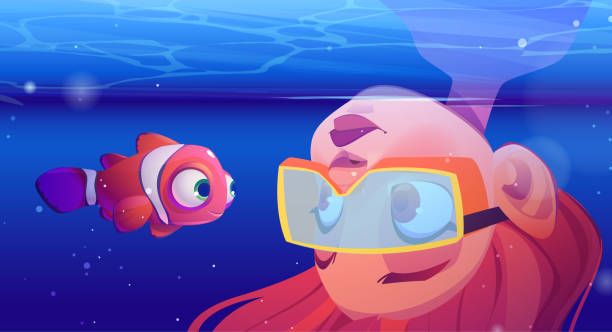 Girl scuba diver watch at clown fish in sea Girl scuba diver watch at clown fish underwater in sea. Vector cartoon illustration of tropical ocean with funny clownfish and young woman in mask dives head down in water watch cartoon gold illustration and painting stock illustrations
