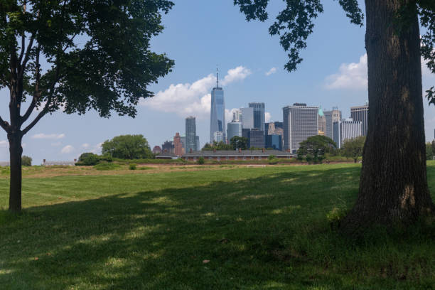 istock Lower Manhattan Skyline framed between Trees seen from a Green Grass Field on Governors Island in New York City during the Summer 1353729756