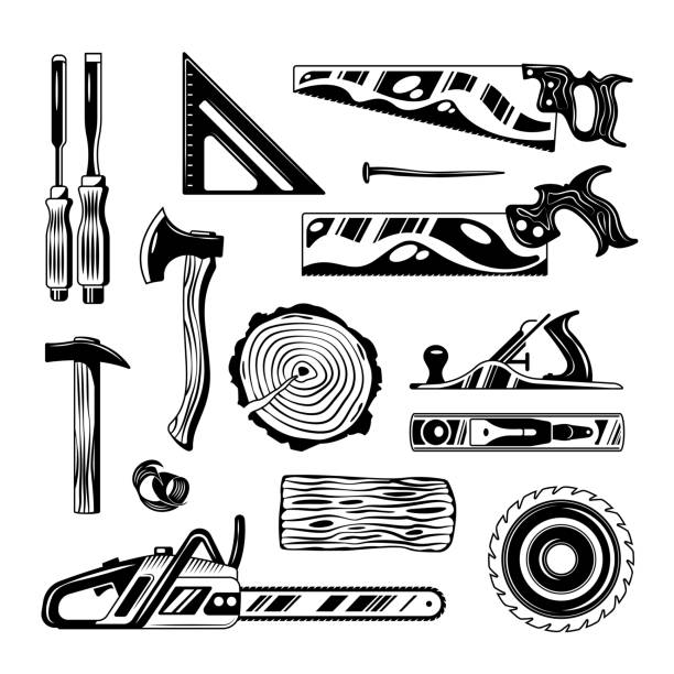 1911.i518.043.P.m005.c20.lumberjack woodwork engraving hand drawn set Woodwork tools engraving hand drawn set of handsaw axe planer chainsaw isolated vector illustration axe stump stock illustrations