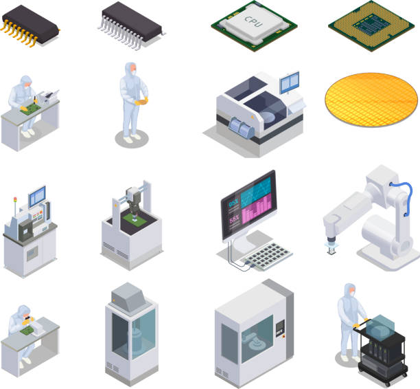 Semiconductor Production Icon Set Semiconductor chip production isometric set of isolated icons with people microcontrollers and laboratory racks with computers vector illustration semiconductor stock illustrations
