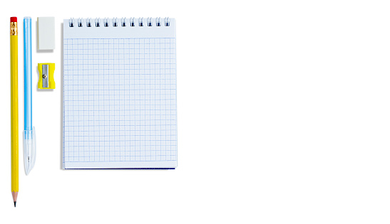 Notepad with ballpoint pen and pencil isolated on white, banner mockup for business or study, top view, place for text.