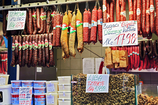 Budapest, Hungary - 08 November 2021: meat shop inside central food market hall