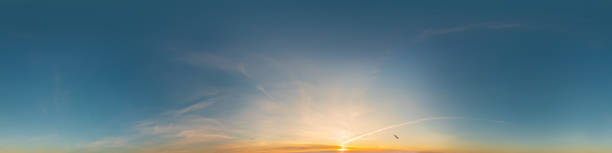 istock Dark blue sunset sky panorama with Cirrus clouds. Seamless hdr pano in spherical equirectangular format. Complete zenith for 3D visualization, game and sky replacement for aerial drone 360 panoramas 1353738673