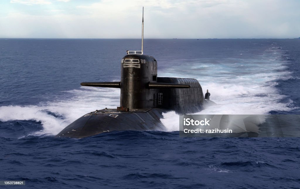 Navel nuclear submarine Navel nuclear submarine cruising on open sea Nuclear Submarine Stock Photo